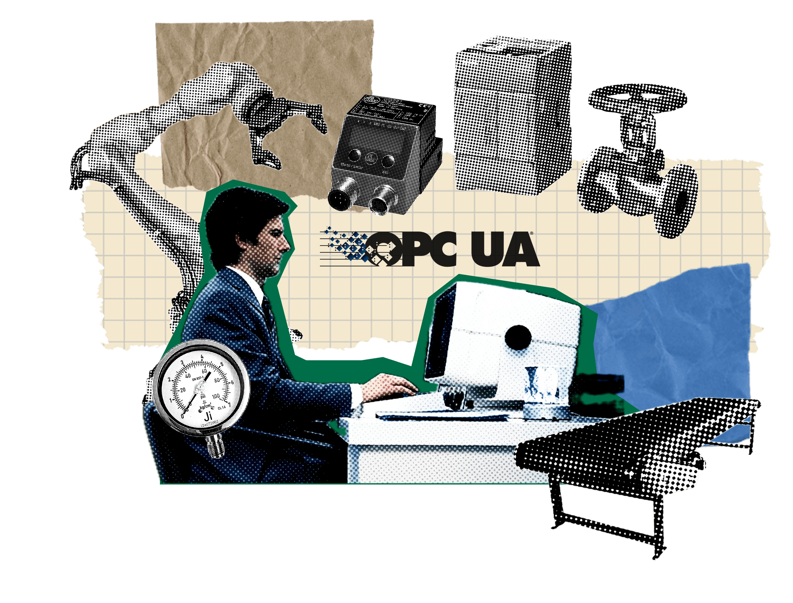 Collage of factory equipment, including a robotic arm, valves, conveyor and pressure gauge, around an engineer at a workstation, with the OPC UA logo at center.
