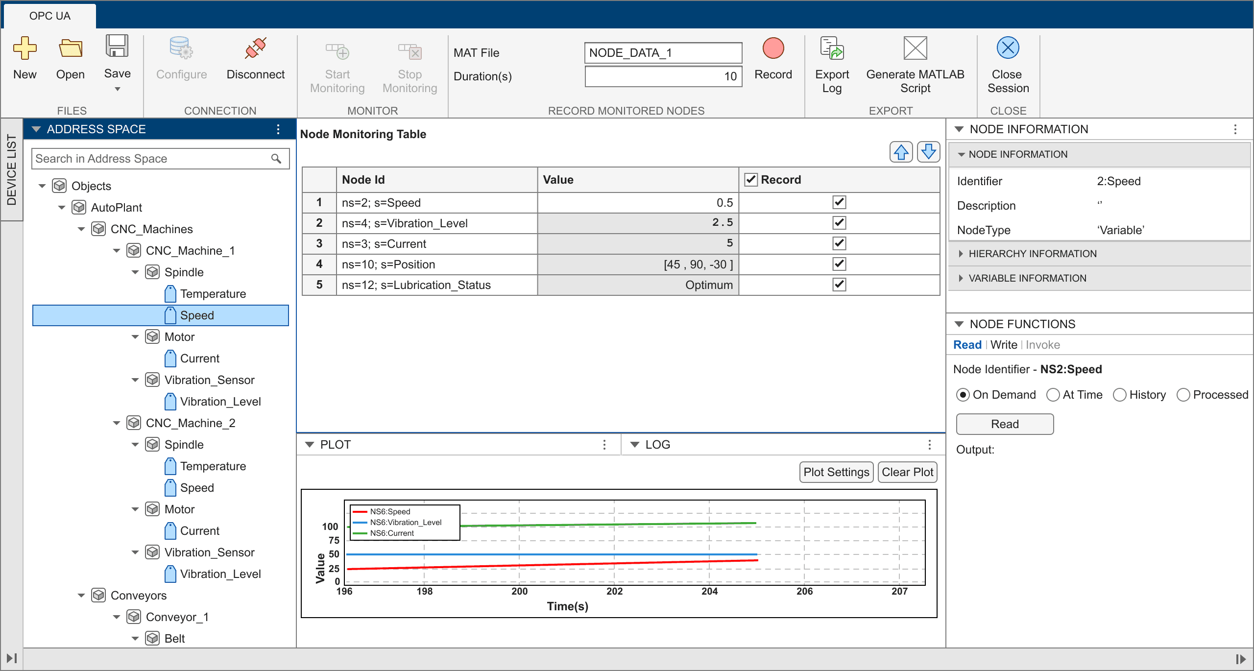 The original OPC UA Explorer wireframe. Toolstrip reads Configure, Connect, Disconnect, Start Monitoring, Stop Monitoring, Record, Export Log. The right pane shows Node Information with Variable Information collapsed behind a disclosure arrow.