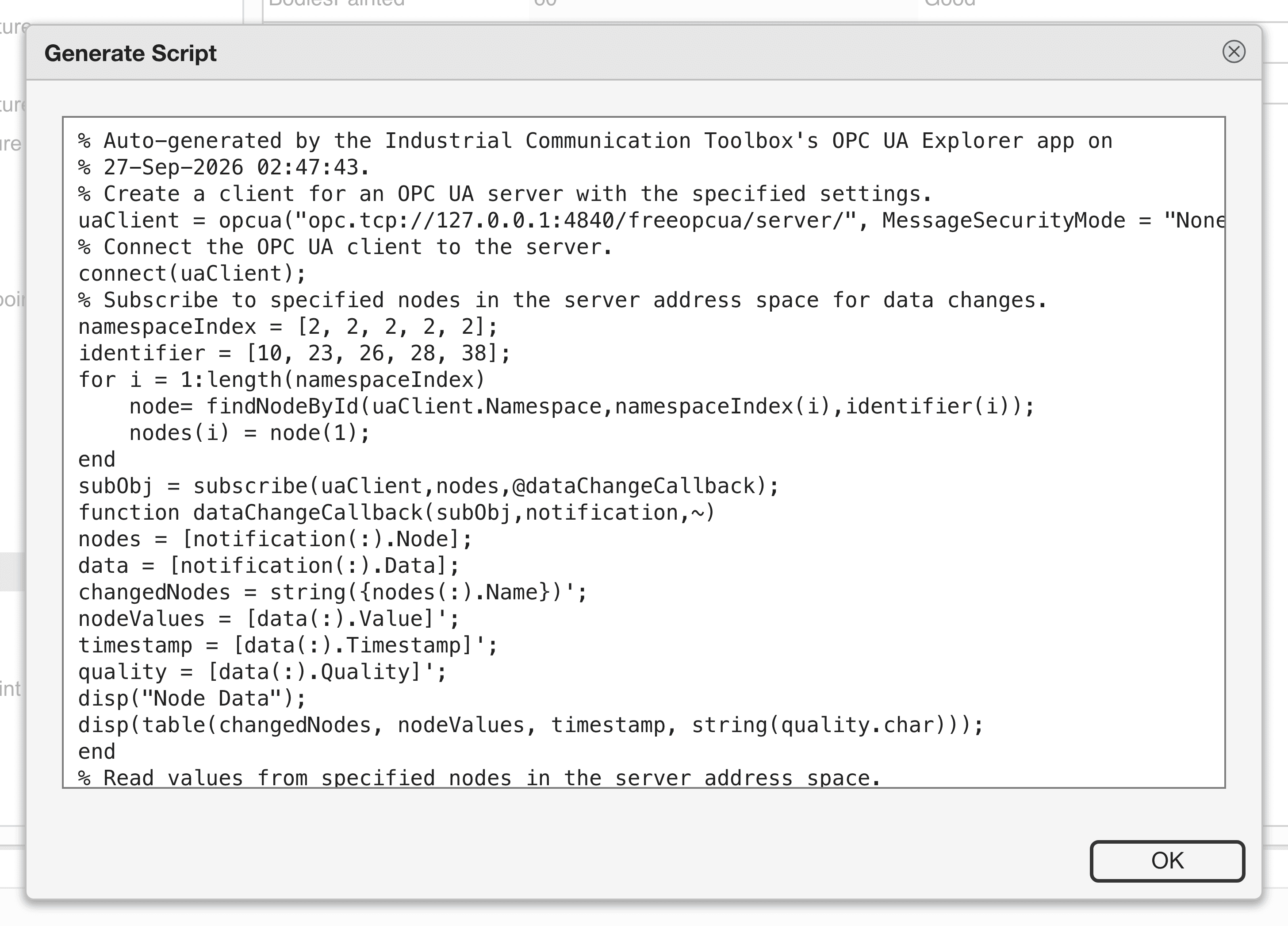 The MATLAB script generated by the Generate Script button, with sections for creating the OPC UA client, connecting it, and subscribing to the selected nodes.