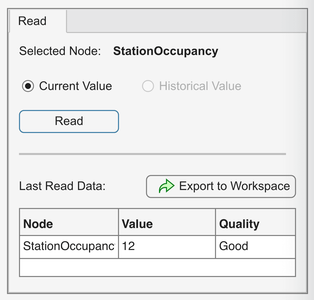 Node Function panel with the read-only node StationOccupancy selected. The tab strip holds a single Read tab; there is no Write tab.