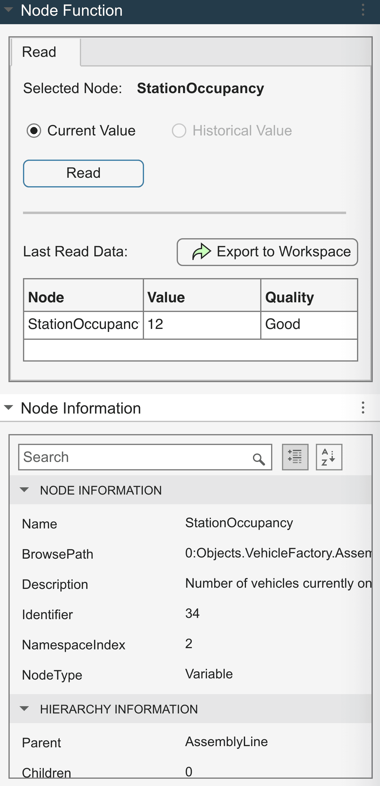 The shipped right-hand column. Node Function sits at the top with its Read tab, showing the selected node and its current value. Node Information sits below it with the node's metadata.