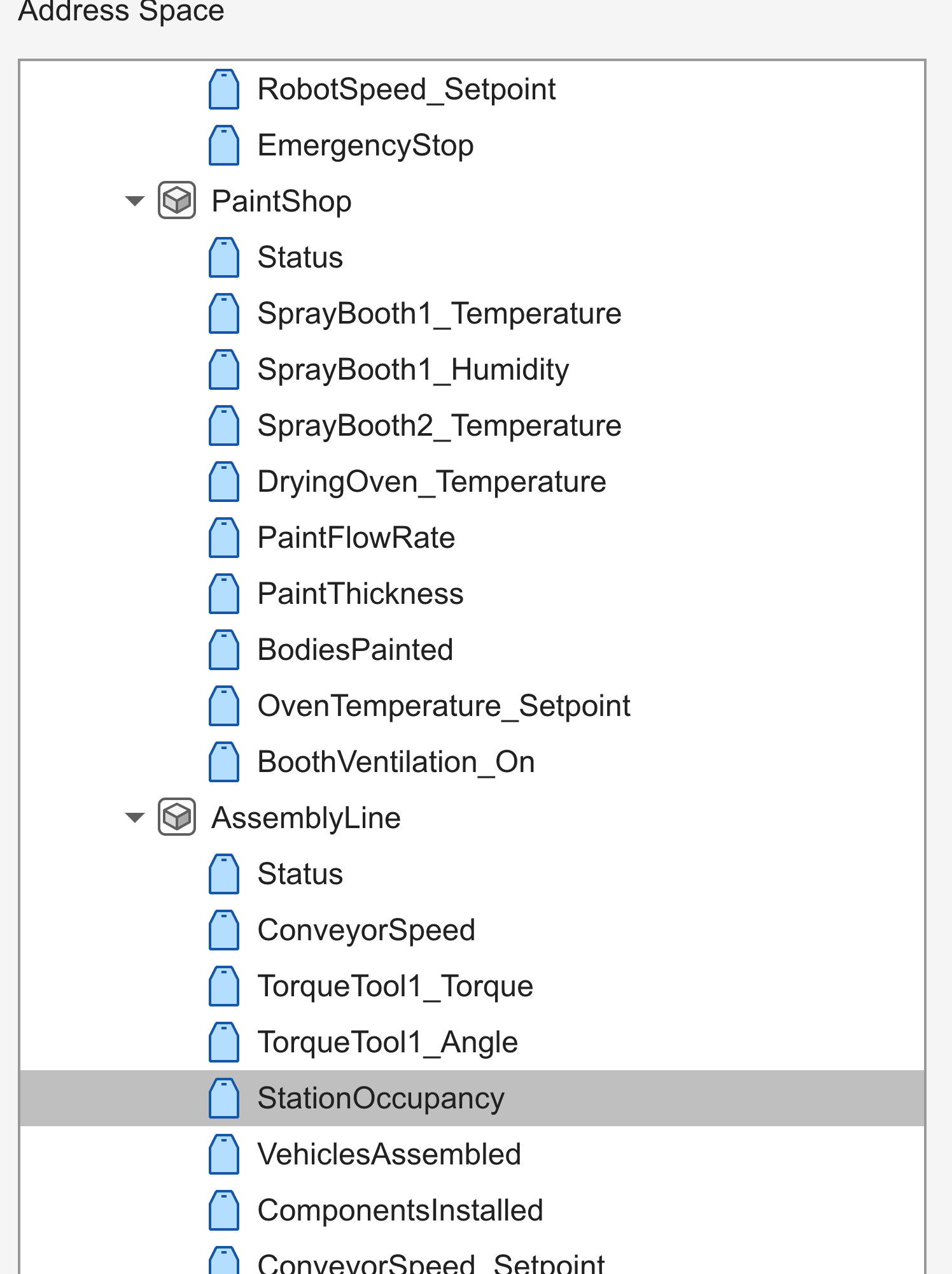 The Address Space pane. A tree of factory nodes expanded several levels deep under PaintShop and AssemblyLine, with no search input above it.
