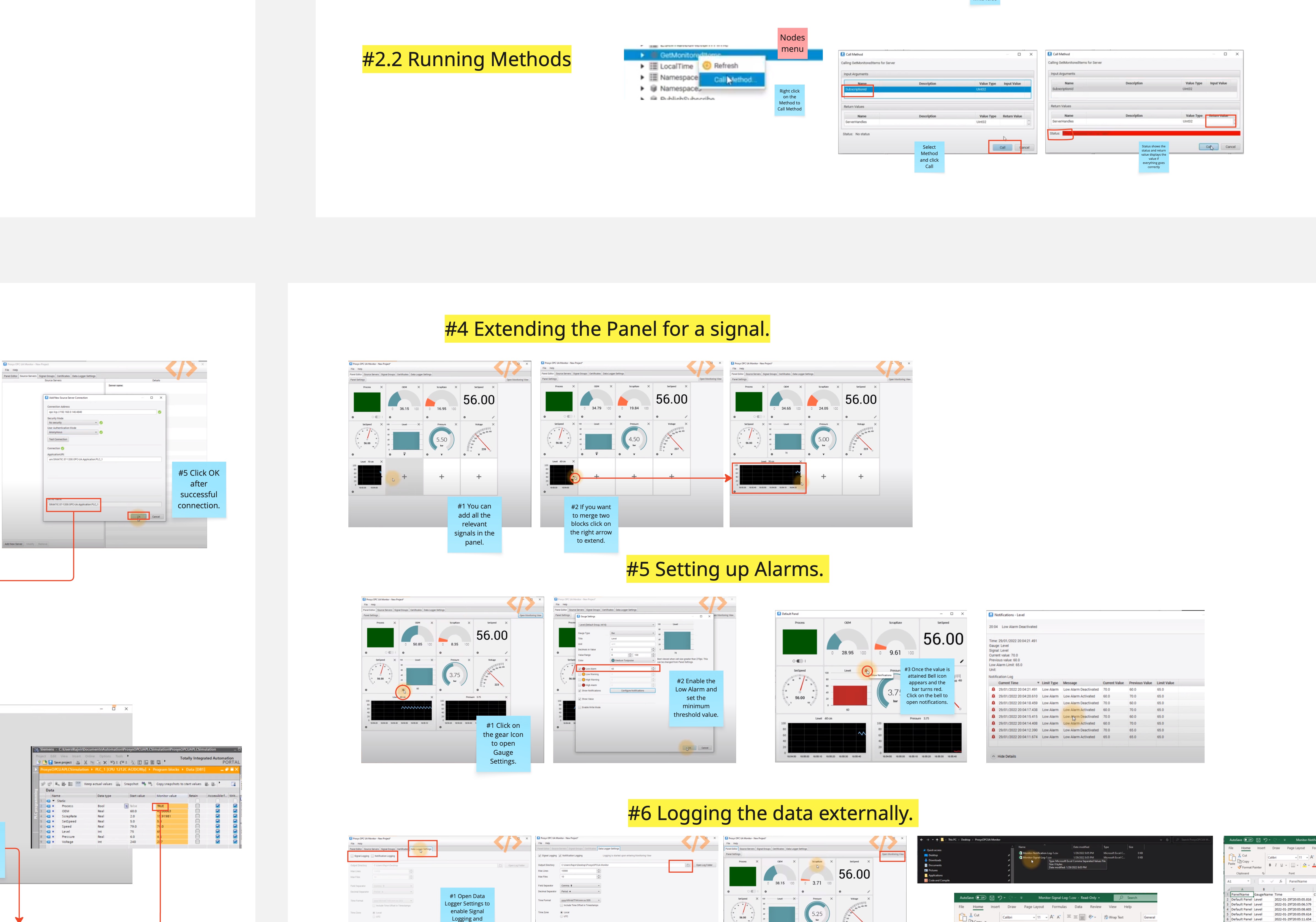 Competitor analysis and benchmarking: annotated screens from existing OPC UA clients covering running methods, extending signal panels, alarms, and external logging.